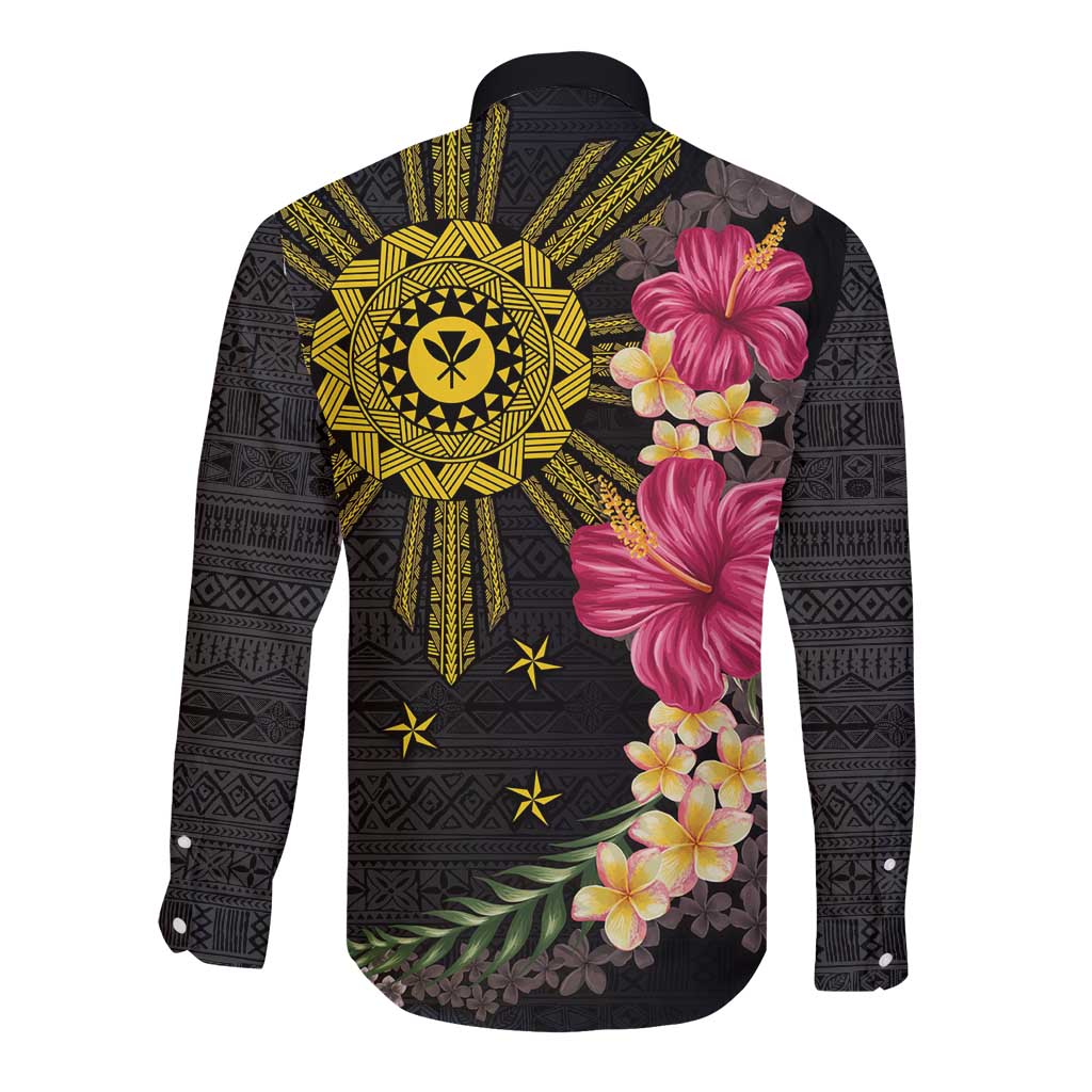 Hawaii and Philippines Together Long Sleeve Button Shirt Hibiscus Flower and Sun Badge Polynesian Pattern Coloful
