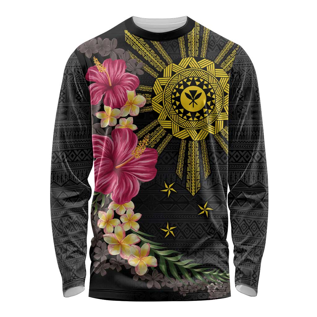 Hawaii and Philippines Together Long Sleeve Shirt Hibiscus Flower and Sun Badge Polynesian Pattern Coloful