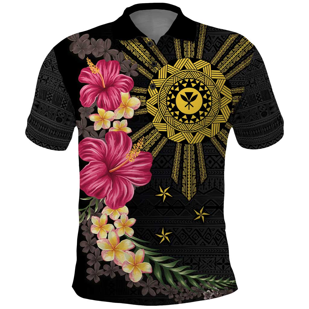 Hawaii and Philippines Together Polo Shirt Hibiscus Flower and Sun Badge Polynesian Pattern Coloful
