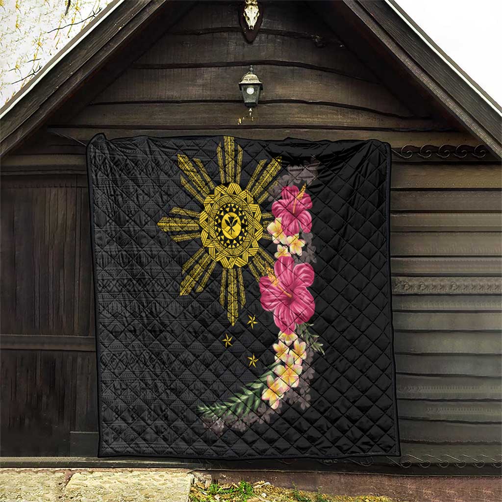 Hawaii and Philippines Together Quilt Hibiscus Flower and Sun Badge Polynesian Pattern Coloful