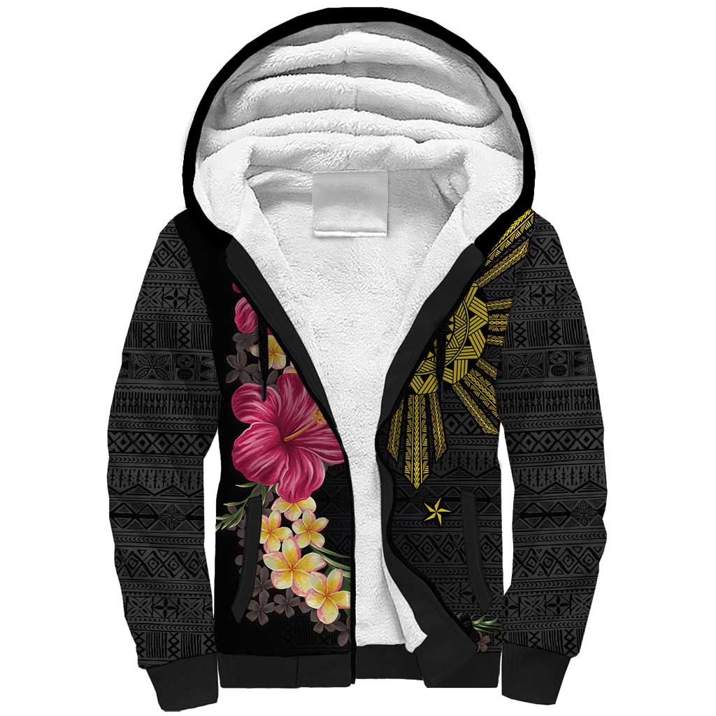 Hawaii and Philippines Together Sherpa Hoodie Hibiscus Flower and Sun Badge Polynesian Pattern Coloful