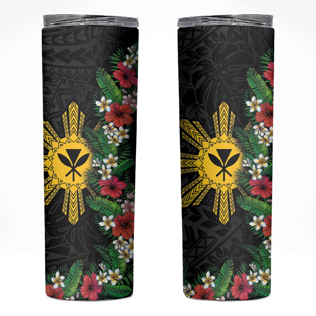 Hawaii and Philippines Together Skinny Tumbler Hibiscus Flower and Sun Badge Polynesian Pattern Coloful