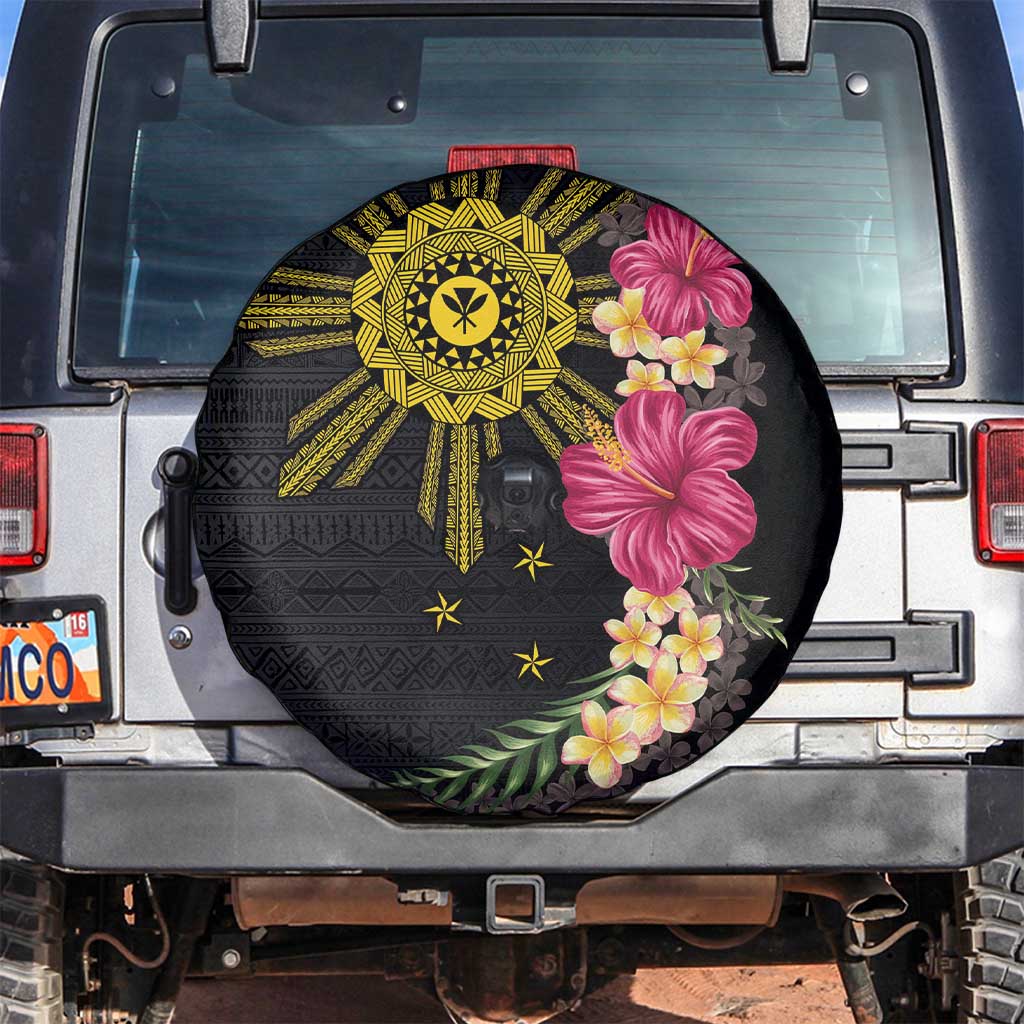 Hawaii and Philippines Together Spare Tire Cover Hibiscus Flower and Sun Badge Polynesian Pattern Coloful