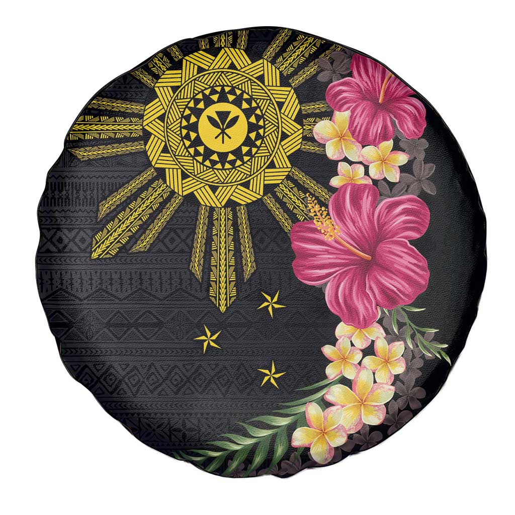 Hawaii and Philippines Together Spare Tire Cover Hibiscus Flower and Sun Badge Polynesian Pattern Coloful