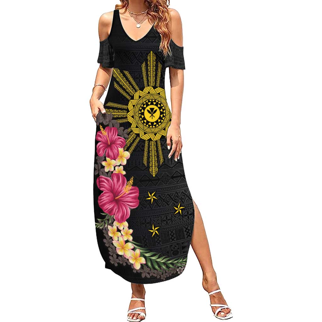 Hawaii and Philippines Together Summer Maxi Dress Hibiscus Flower and Sun Badge Polynesian Pattern Coloful
