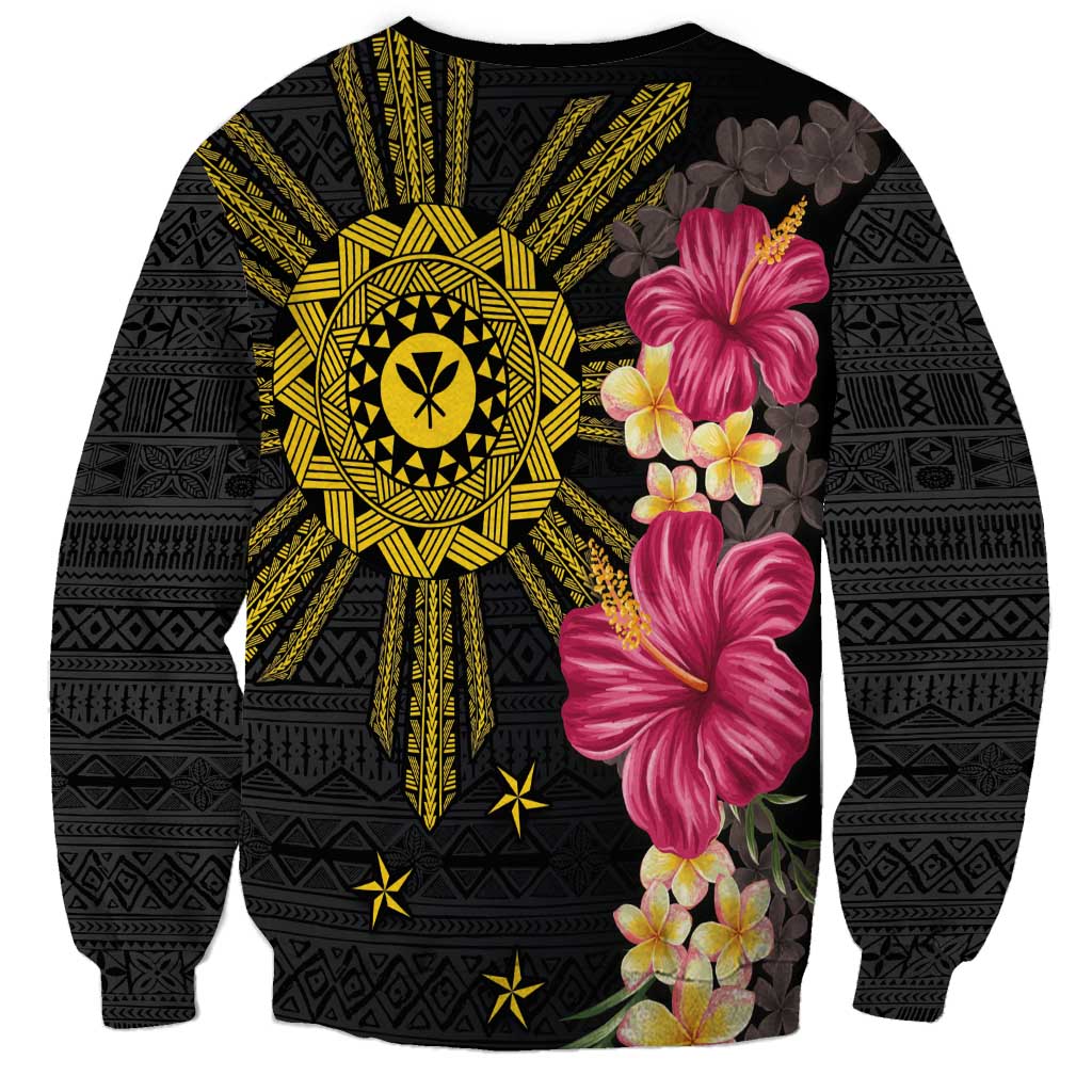 Hawaii and Philippines Together Sweatshirt Hibiscus Flower and Sun Badge Polynesian Pattern Coloful