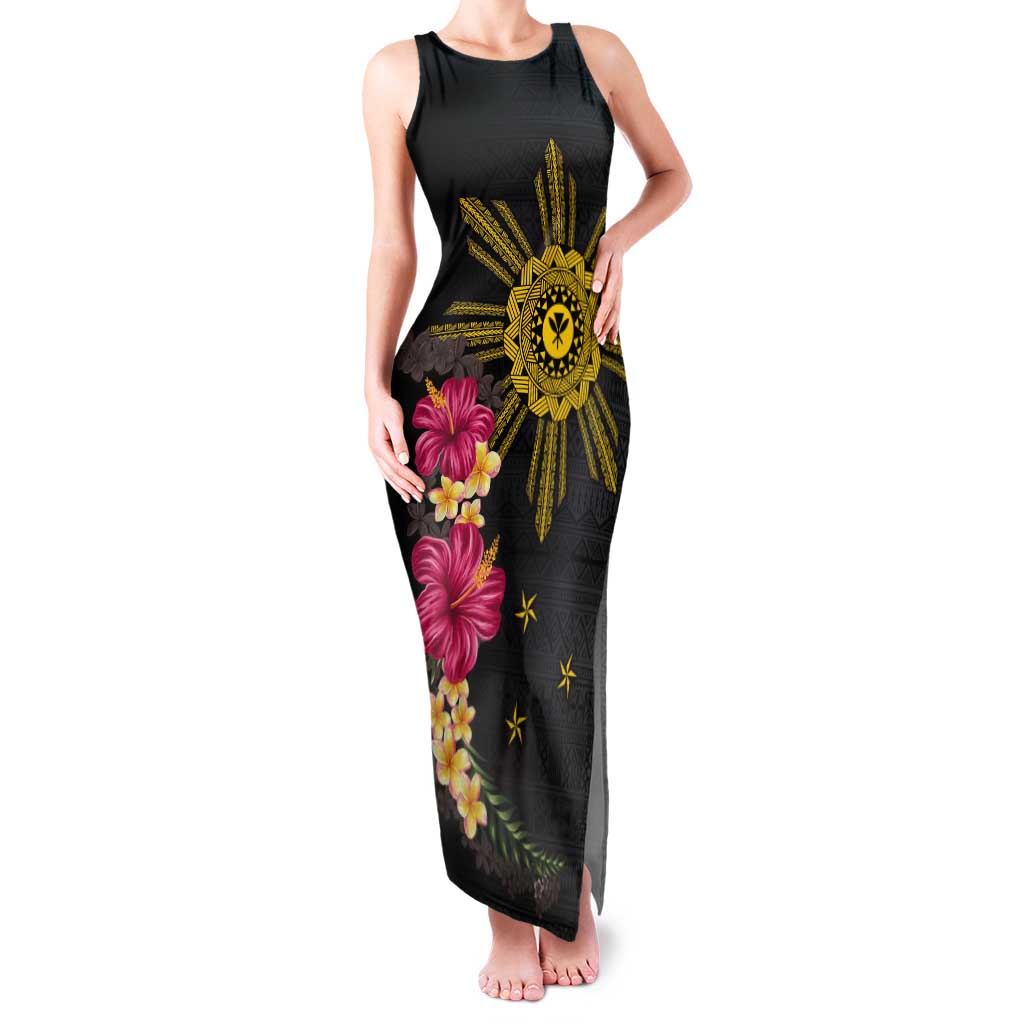 Hawaii and Philippines Together Tank Maxi Dress Hibiscus Flower and Sun Badge Polynesian Pattern Coloful