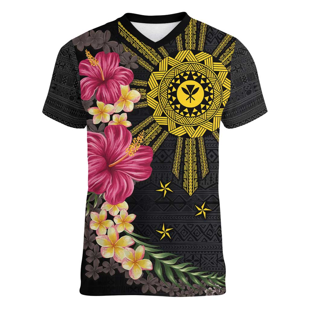 Hawaii and Philippines Together Women V-Neck T-Shirt Hibiscus Flower and Sun Badge Polynesian Pattern Coloful