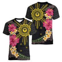 Hawaii and Philippines Together Women V-Neck T-Shirt Hibiscus Flower and Sun Badge Polynesian Pattern Coloful