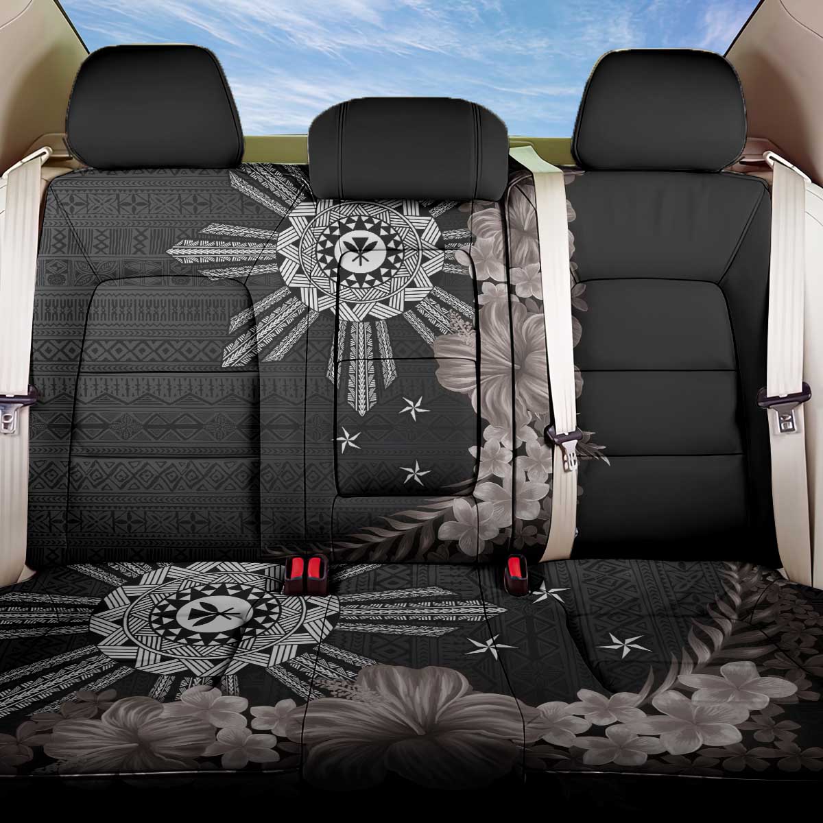 Hawaii and Philippines Together Back Car Seat Cover Hibiscus Flower and Sun Badge Polynesian Pattern Grayscale