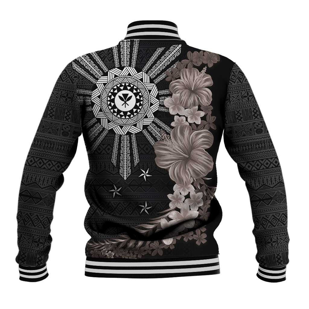 Hawaii and Philippines Together Baseball Jacket Hibiscus Flower and Sun Badge Polynesian Pattern Grayscale