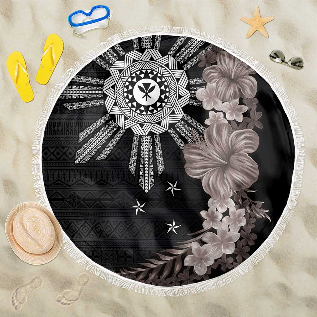 Hawaii and Philippines Together Beach Blanket Hibiscus Flower and Sun Badge Polynesian Pattern Grayscale