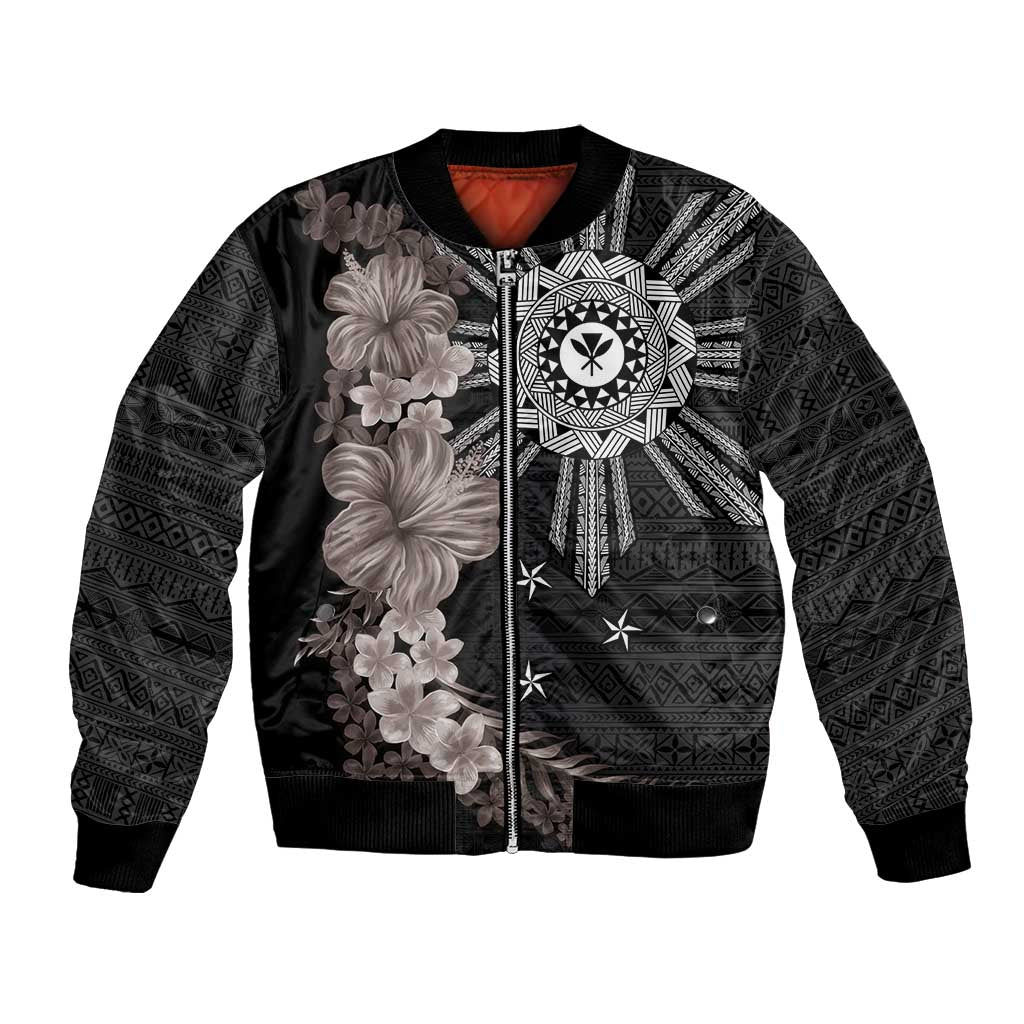 Hawaii and Philippines Together Bomber Jacket Hibiscus Flower and Sun Badge Polynesian Pattern Grayscale LT03 Unisex Black - Polynesian Pride
