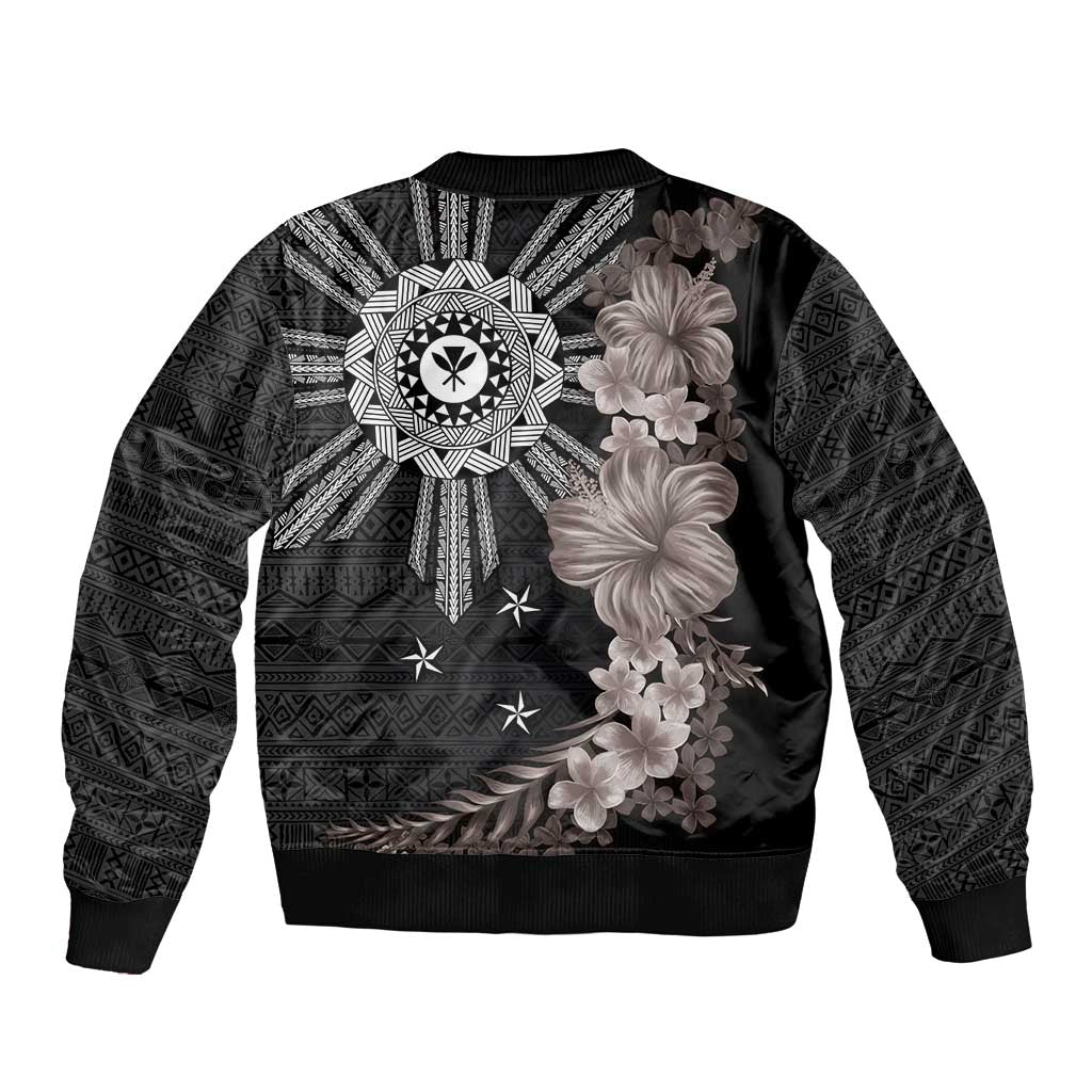 Hawaii and Philippines Together Bomber Jacket Hibiscus Flower and Sun Badge Polynesian Pattern Grayscale LT03 - Polynesian Pride