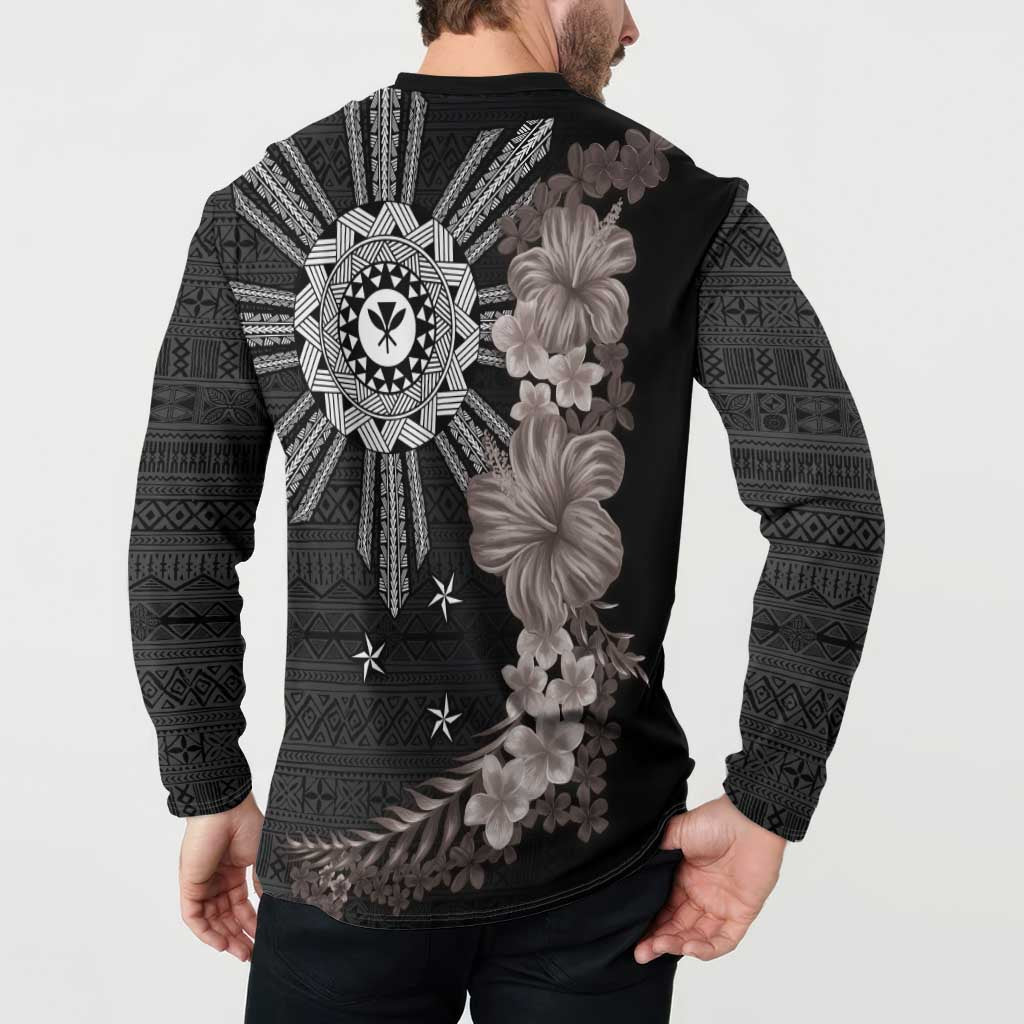 Hawaii and Philippines Together Button Sweatshirt Hibiscus Flower and Sun Badge Polynesian Pattern Grayscale