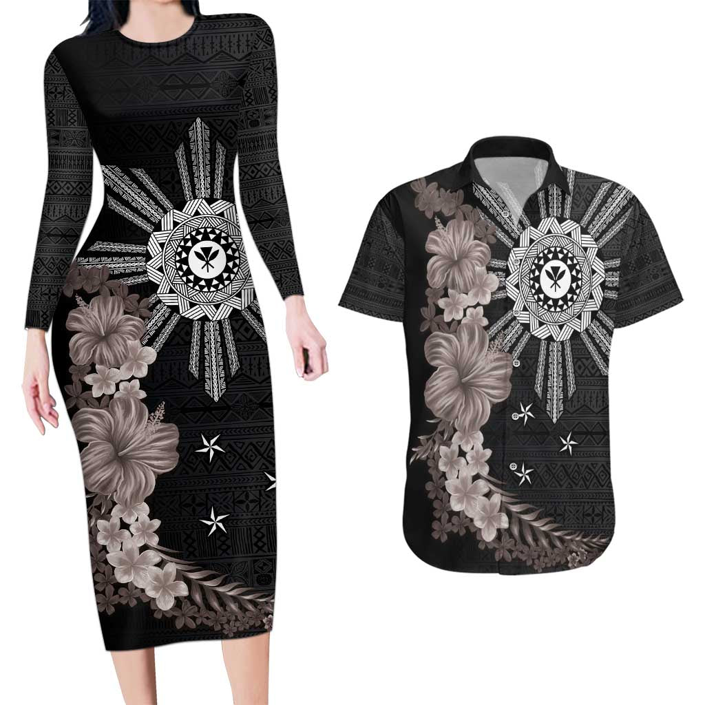 Hawaii and Philippines Together Couples Matching Long Sleeve Bodycon Dress and Hawaiian Shirt Hibiscus Flower and Sun Badge Polynesian Pattern Grayscale