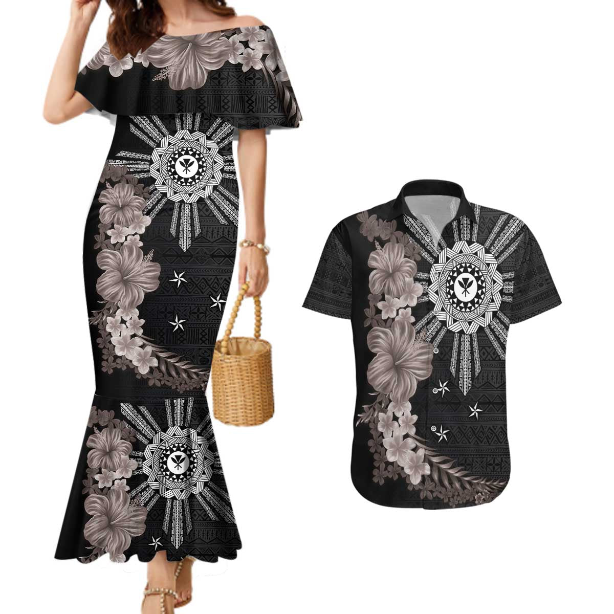 Hawaii and Philippines Together Couples Matching Mermaid Dress and Hawaiian Shirt Hibiscus Flower and Sun Badge Polynesian Pattern Grayscale