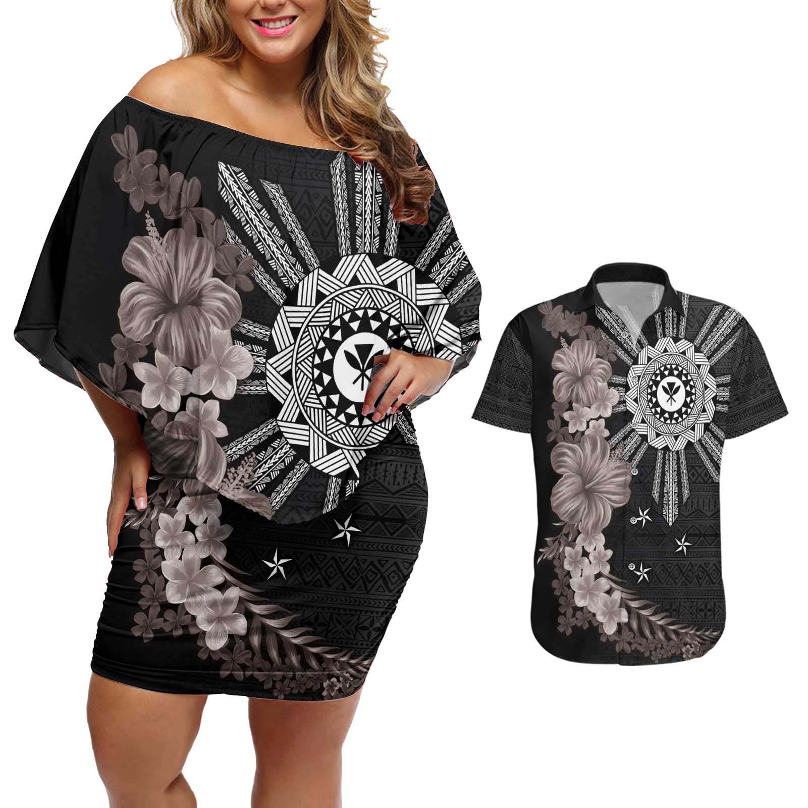 Hawaii and Philippines Together Couples Matching Off Shoulder Short Dress and Hawaiian Shirt Hibiscus Flower and Sun Badge Polynesian Pattern Grayscale