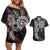 Hawaii and Philippines Together Couples Matching Off Shoulder Short Dress and Hawaiian Shirt Hibiscus Flower and Sun Badge Polynesian Pattern Grayscale