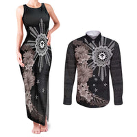 Hawaii and Philippines Together Couples Matching Tank Maxi Dress and Long Sleeve Button Shirt Hibiscus Flower and Sun Badge Polynesian Pattern Grayscale
