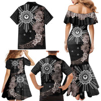 Hawaii and Philippines Together Family Matching Mermaid Dress and Hawaiian Shirt Hibiscus Flower and Sun Badge Polynesian Pattern Grayscale