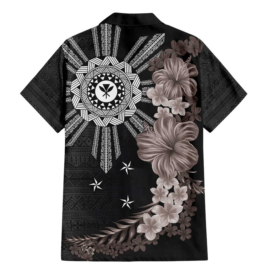 Hawaii and Philippines Together Family Matching Mermaid Dress and Hawaiian Shirt Hibiscus Flower and Sun Badge Polynesian Pattern Grayscale