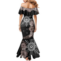 Hawaii and Philippines Together Family Matching Mermaid Dress and Hawaiian Shirt Hibiscus Flower and Sun Badge Polynesian Pattern Grayscale