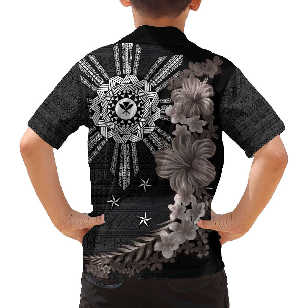 Hawaii and Philippines Together Family Matching Off The Shoulder Long Sleeve Dress and Hawaiian Shirt Hibiscus Flower and Sun Badge Polynesian Pattern Grayscale