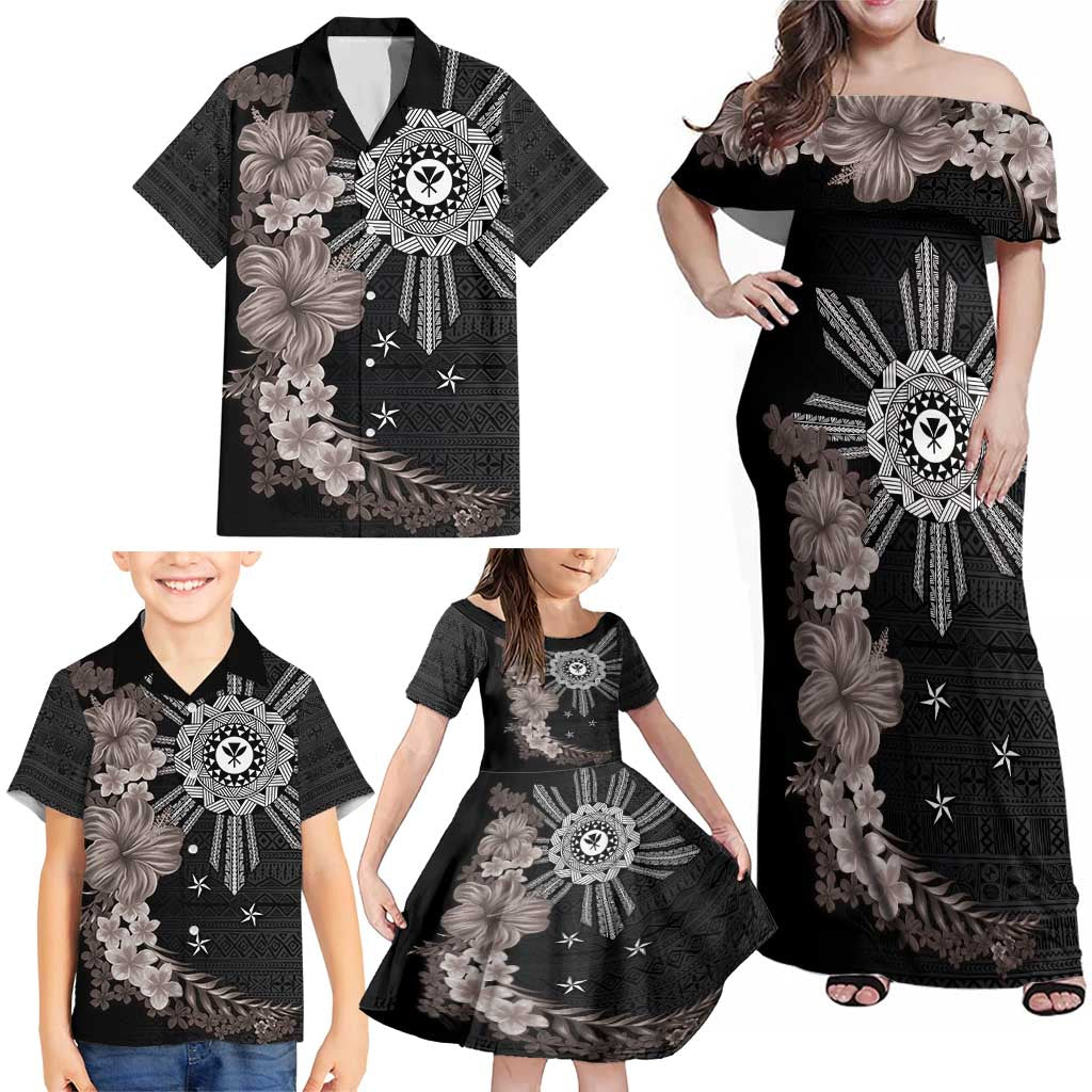 Hawaii and Philippines Together Family Matching Off Shoulder Maxi Dress and Hawaiian Shirt Hibiscus Flower and Sun Badge Polynesian Pattern Grayscale