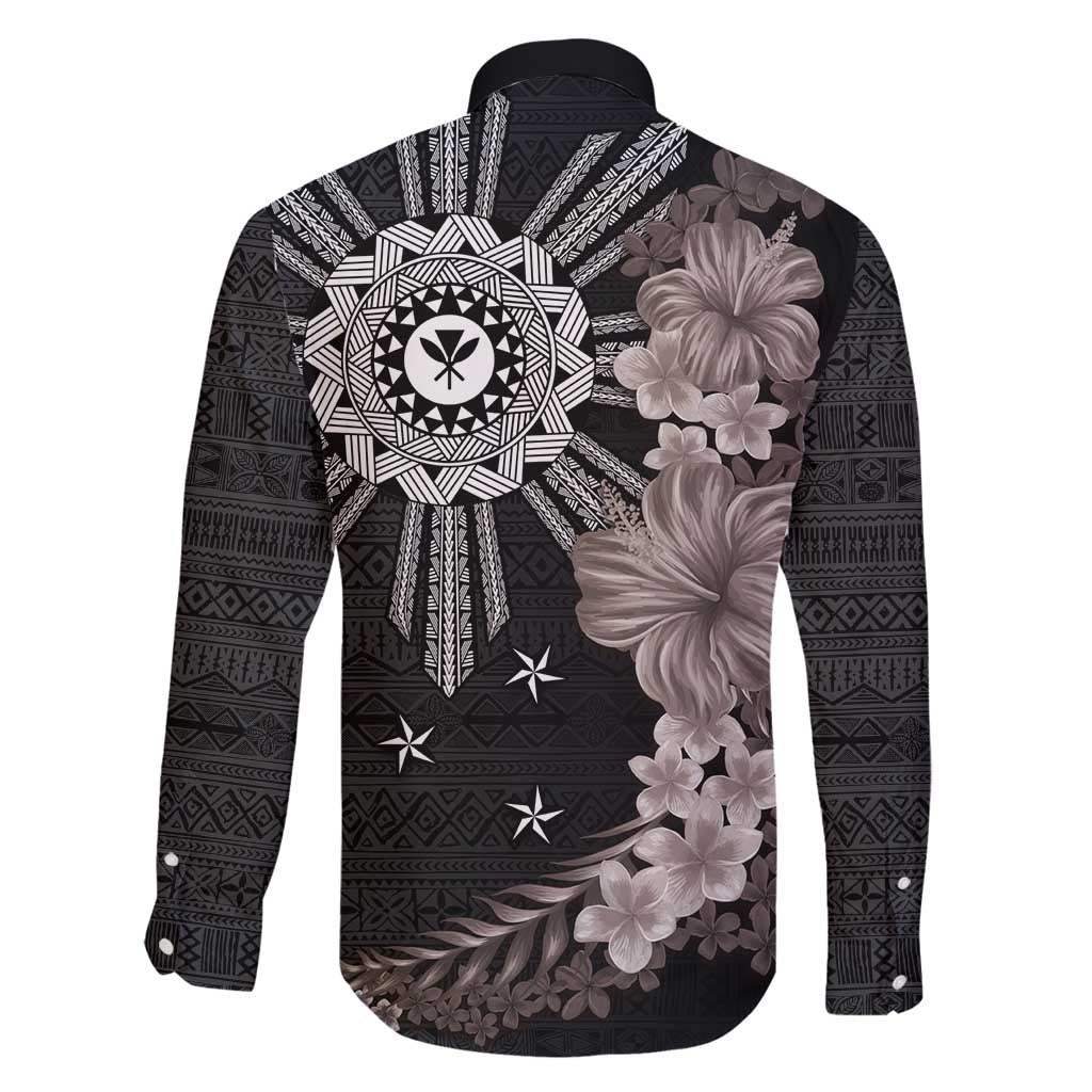 Hawaii and Philippines Together Family Matching Off Shoulder Maxi Dress and Hawaiian Shirt Hibiscus Flower and Sun Badge Polynesian Pattern Grayscale