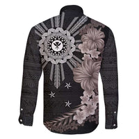 Hawaii and Philippines Together Family Matching Off Shoulder Maxi Dress and Hawaiian Shirt Hibiscus Flower and Sun Badge Polynesian Pattern Grayscale