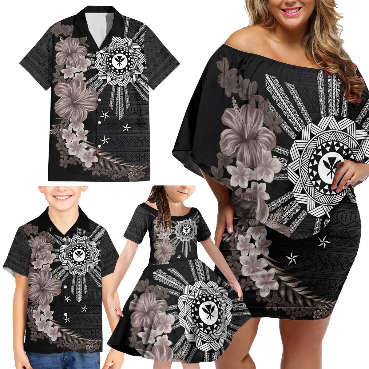 Hawaii and Philippines Together Family Matching Off Shoulder Short Dress and Hawaiian Shirt Hibiscus Flower and Sun Badge Polynesian Pattern Grayscale