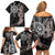 Hawaii and Philippines Together Family Matching Off Shoulder Short Dress and Hawaiian Shirt Hibiscus Flower and Sun Badge Polynesian Pattern Grayscale