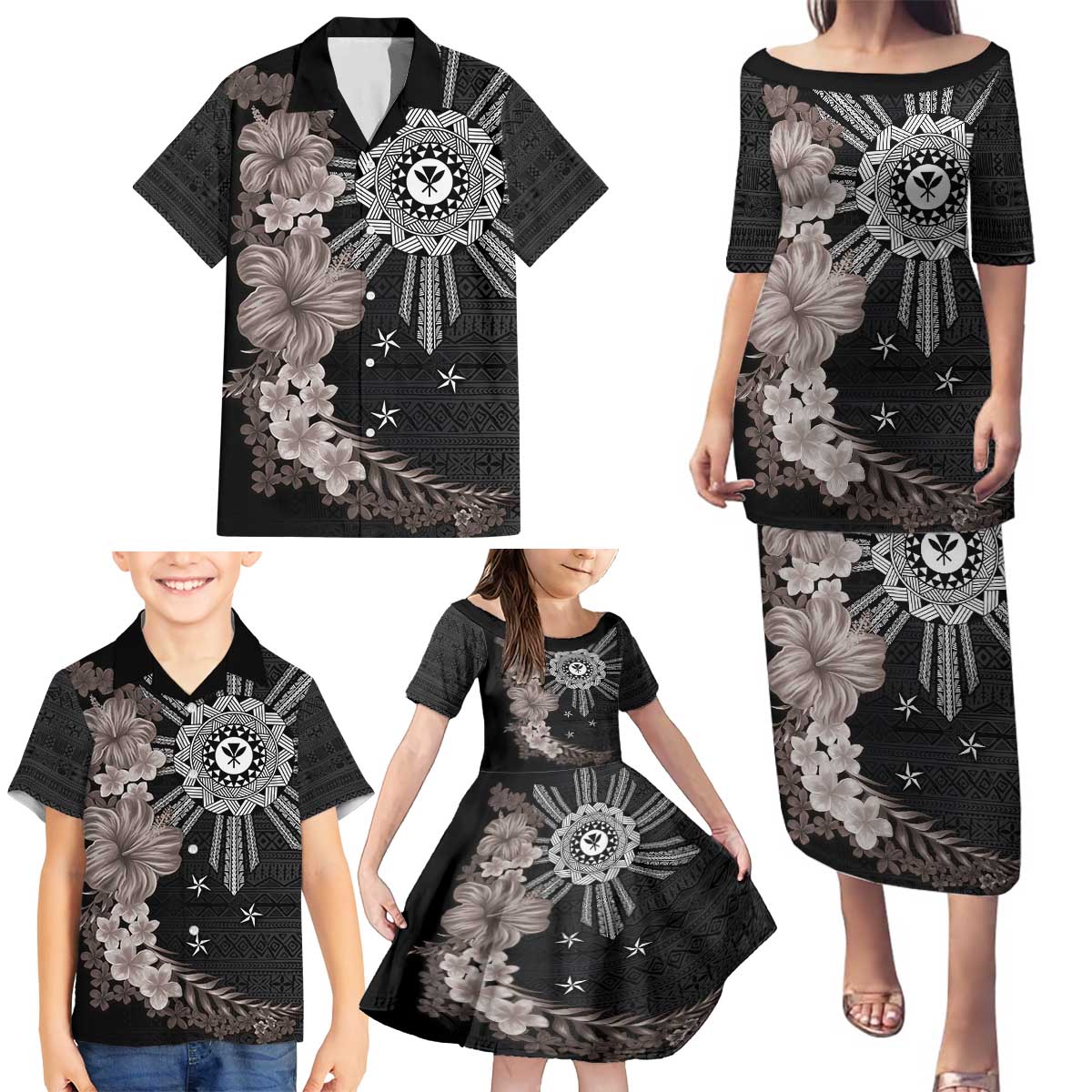 Hawaii and Philippines Together Family Matching Puletasi and Hawaiian Shirt Hibiscus Flower and Sun Badge Polynesian Pattern Grayscale