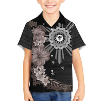 Hawaii and Philippines Together Family Matching Short Sleeve Bodycon Dress and Hawaiian Shirt Hibiscus Flower and Sun Badge Polynesian Pattern Grayscale
