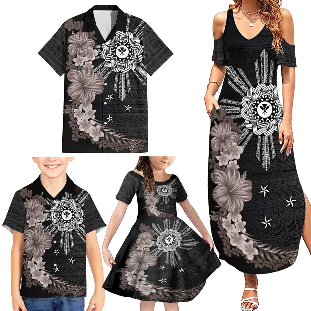 Hawaii and Philippines Together Family Matching Summer Maxi Dress and Hawaiian Shirt Hibiscus Flower and Sun Badge Polynesian Pattern Grayscale