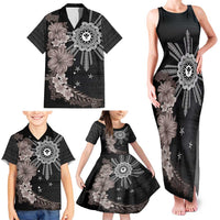 Hawaii and Philippines Together Family Matching Tank Maxi Dress and Hawaiian Shirt Hibiscus Flower and Sun Badge Polynesian Pattern Grayscale