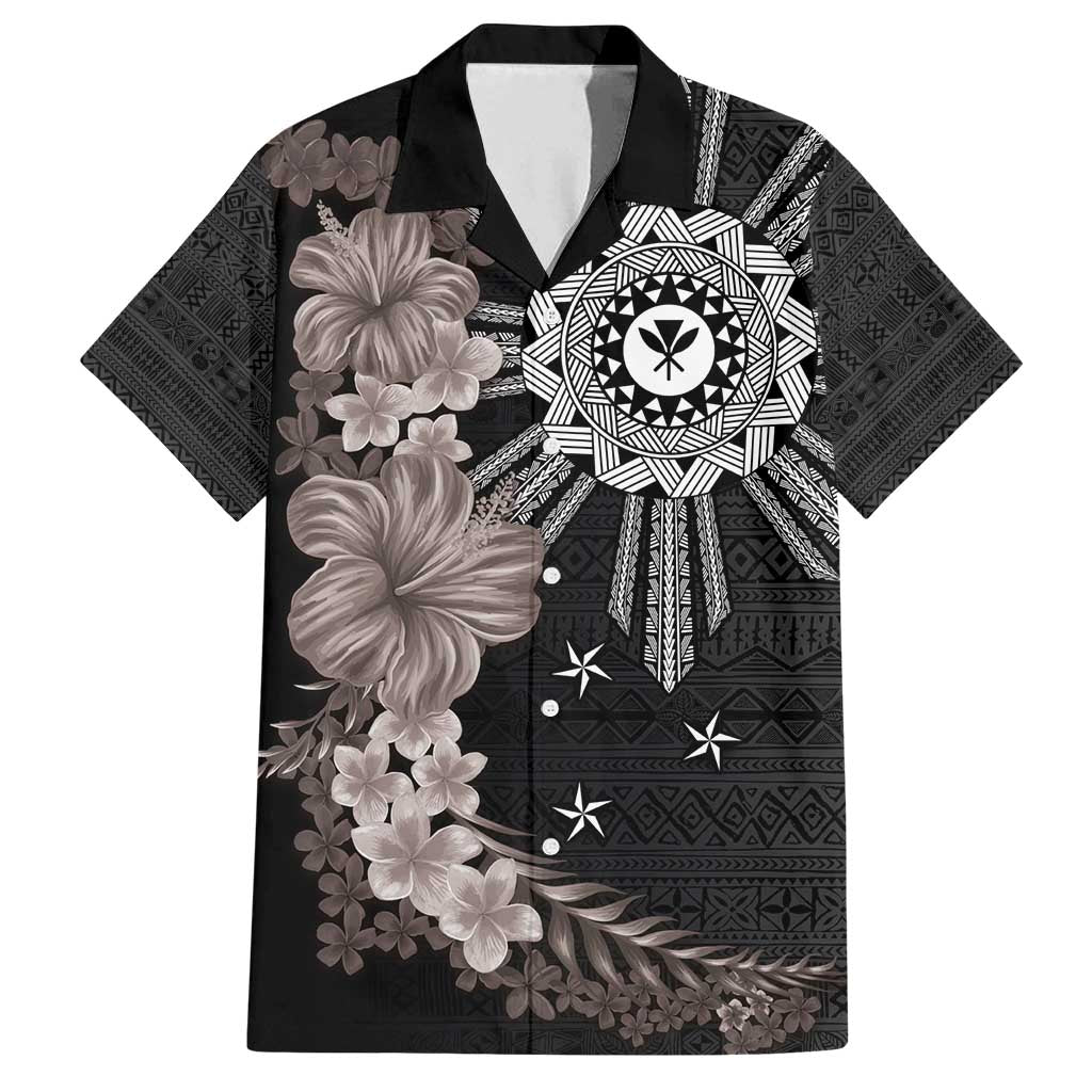 Hawaii and Philippines Together Family Matching Tank Maxi Dress and Hawaiian Shirt Hibiscus Flower and Sun Badge Polynesian Pattern Grayscale