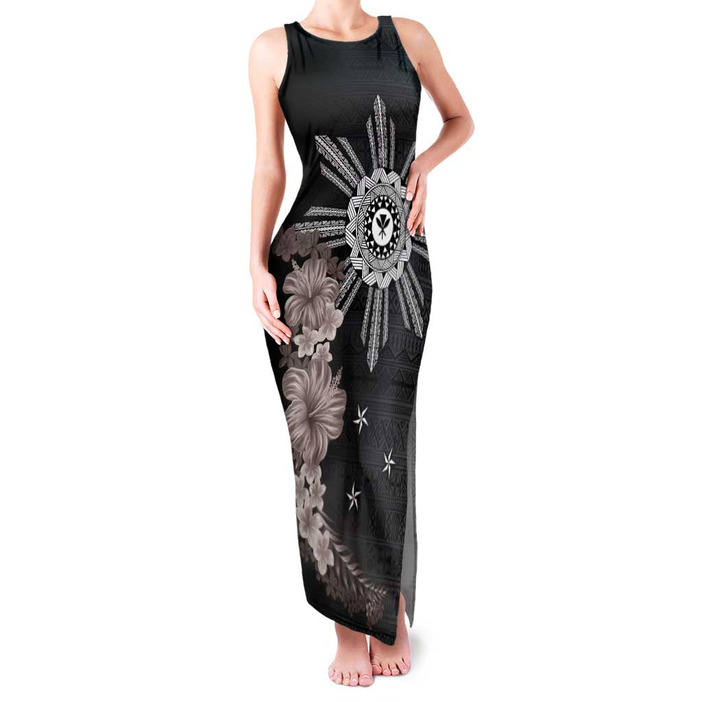 Hawaii and Philippines Together Family Matching Tank Maxi Dress and Hawaiian Shirt Hibiscus Flower and Sun Badge Polynesian Pattern Grayscale