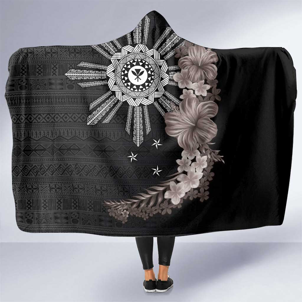 Hawaii and Philippines Together Hooded Blanket Hibiscus Flower and Sun Badge Polynesian Pattern Grayscale