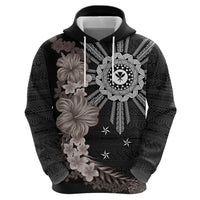 Hawaii and Philippines Together Hoodie Hibiscus Flower and Sun Badge Polynesian Pattern Grayscale