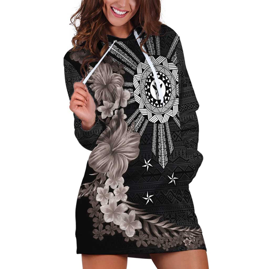 Hawaii and Philippines Together Hoodie Dress Hibiscus Flower and Sun Badge Polynesian Pattern Grayscale