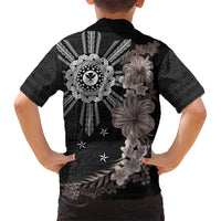 Hawaii and Philippines Together Kid Hawaiian Shirt Hibiscus Flower and Sun Badge Polynesian Pattern Grayscale