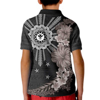 Hawaii and Philippines Together Kid Polo Shirt Hibiscus Flower and Sun Badge Polynesian Pattern Grayscale
