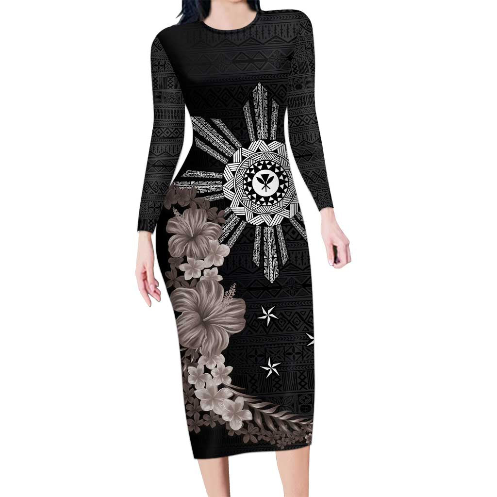 Hawaii and Philippines Together Long Sleeve Bodycon Dress Hibiscus Flower and Sun Badge Polynesian Pattern Grayscale