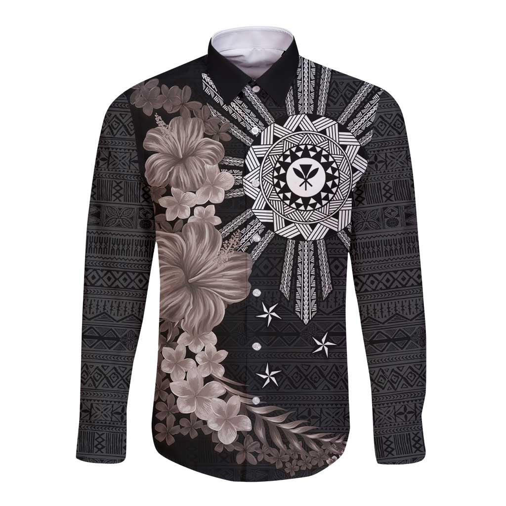 Hawaii and Philippines Together Long Sleeve Button Shirt Hibiscus Flower and Sun Badge Polynesian Pattern Grayscale