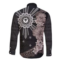 Hawaii and Philippines Together Long Sleeve Button Shirt Hibiscus Flower and Sun Badge Polynesian Pattern Grayscale