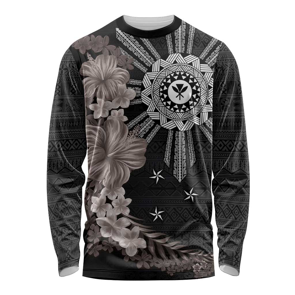 Hawaii and Philippines Together Long Sleeve Shirt Hibiscus Flower and Sun Badge Polynesian Pattern Grayscale