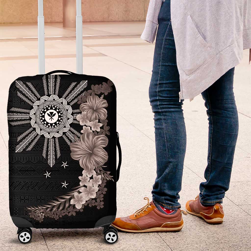 Hawaii and Philippines Together Luggage Cover Hibiscus Flower and Sun Badge Polynesian Pattern Grayscale