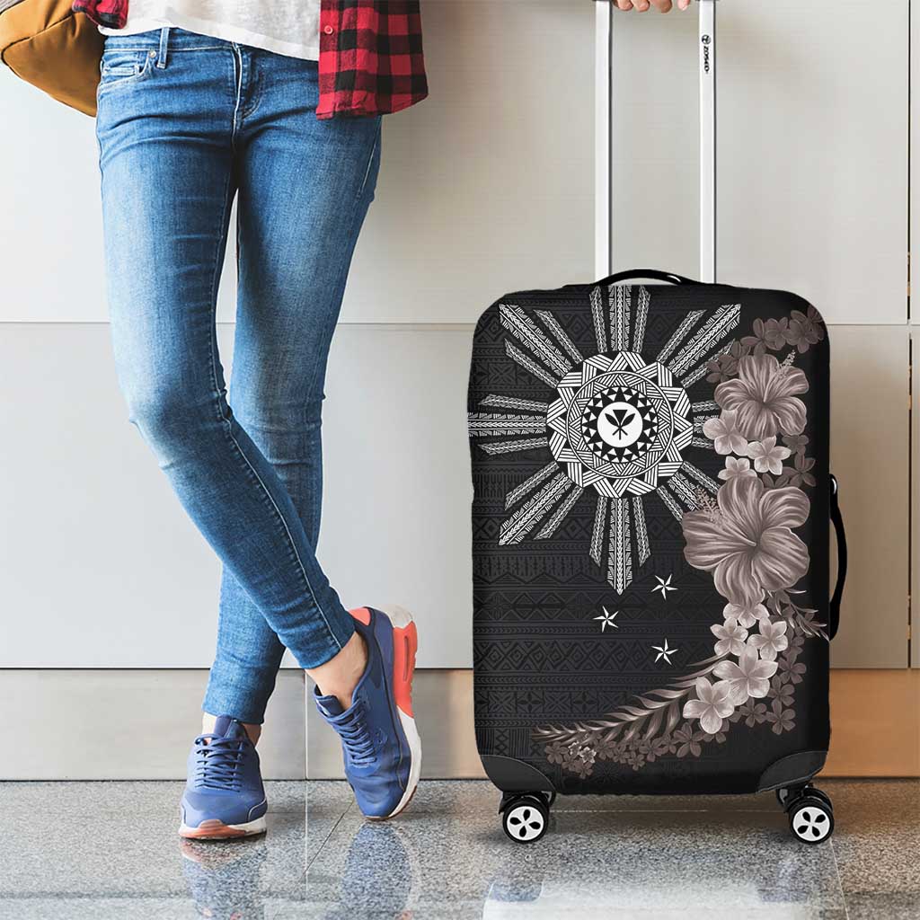 Hawaii and Philippines Together Luggage Cover Hibiscus Flower and Sun Badge Polynesian Pattern Grayscale